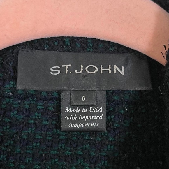 St. John Blazer Womens Size 6 Black Green Wool Tweed Vegan Leather Moto Jacket - Picture 10 of 12